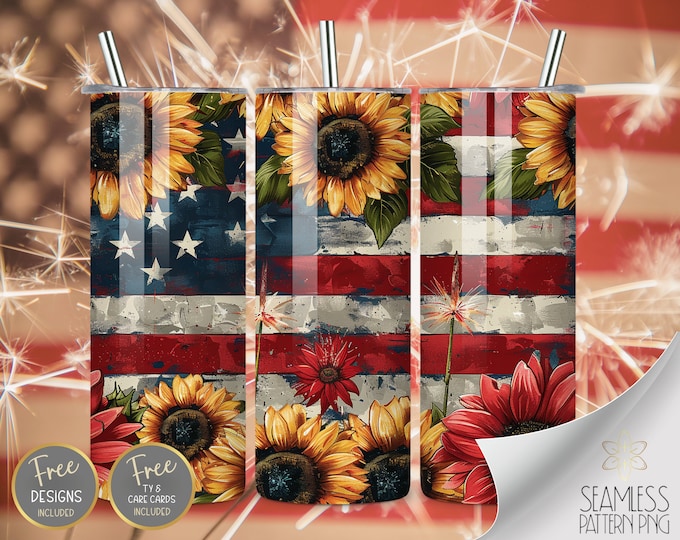 American Flag Tumbler Wrap, Sunflower 20oz Skinny Sublimation Design, American Tumbler Wrap PNG, 4th of July Tumbler Wrap Design, Sparklers