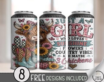 Western Girl 4-in-1 Can Cooler Wrap, Highland Cow Sunflower Sublimation Design, 16 oz, Digital Download, B10393