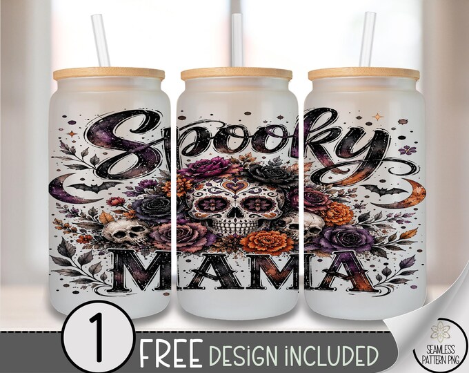 Spooky Mama Glass Can Wrap, Halloween Sugar Skull 16oz Tumbler Sublimation Design, Dark Floral PNG File, Digital Download, B10434