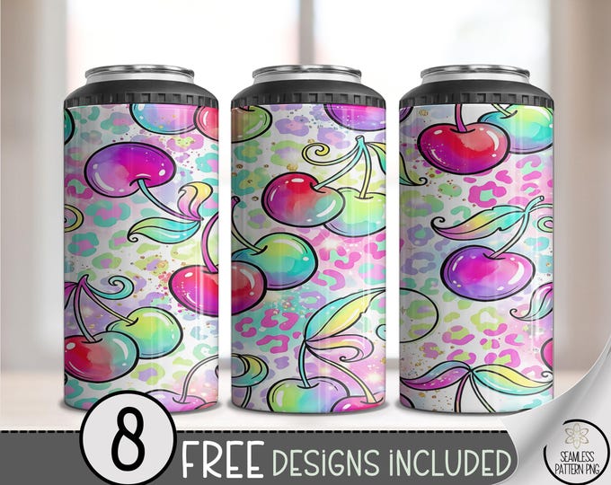 Cherries PNG, Watercolor Cherries Sublimation Design, 4-in-1 Can Cooler Wrap, Digital Download, B940