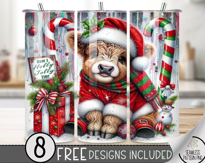 Christmas Tumbler Wrap, Highland Cow Christmas Tumbler Wrap, Winter Sublimation Design, Jolly Xmas 20 Oz Skinny Tumbler Sublimation Design