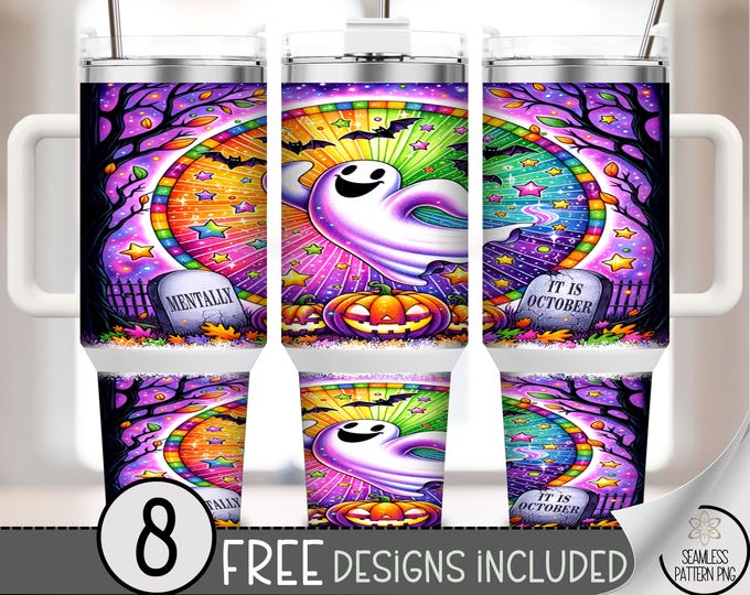 Funny Halloween 40oz Tumbler Wrap, Mentally It Is October Ghost PNG, Sublimation Design with Rainbow & Graveyard Scene, A392