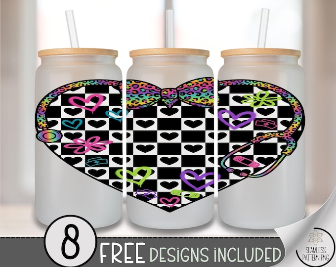 Heart Glass Can Wrap, Checkerboard Stethoscope Art 16oz Glass Tumbler Sublimation Design, Nurse Theme PNG File, Cute Style B911