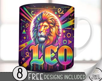 Leo 15Oz Mug Template, Coffee Mug Png, 15 Oz Mug Wrap, Zodiac Mug, Astrology Mug Sublimation Designs, Seamless Zodiac Sign, Airbrush PNG