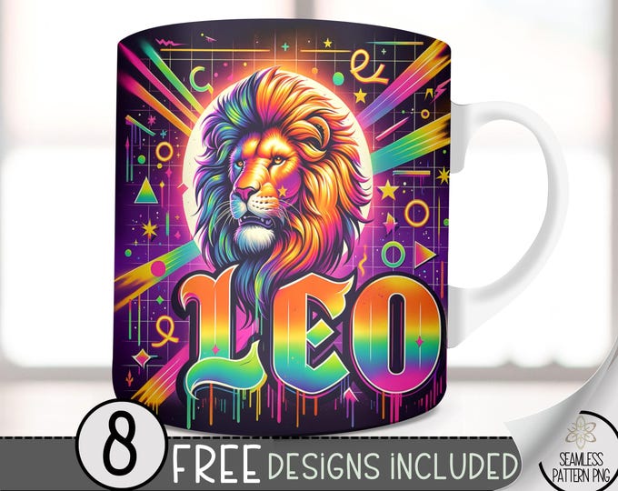 Leo 15Oz Mug Template, Coffee Mug Png, 15 Oz Mug Wrap, Zodiac Mug, Astrology Mug Sublimation Designs, Seamless Zodiac Sign, Airbrush PNG