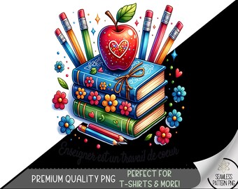 Enseigner est un travail de coeur T-shirt Design, French Teacher Shirt PNG,Teaching is a Work of Heart Tshirt Design, School PNG Design, A64
