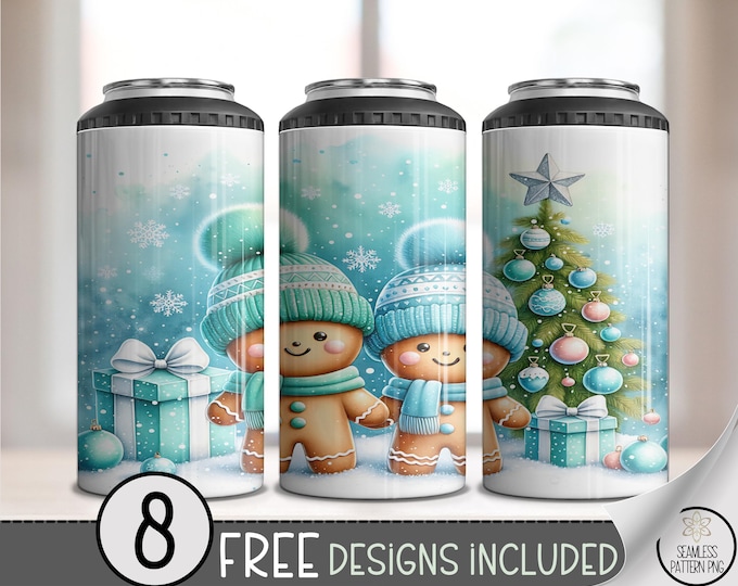 Teal Winter 4in1 Can Cooler Wrap, Cute Gingerbread Christmas Sublimation Design, Festive Holiday Cheer, Printable Cozy Winter A595