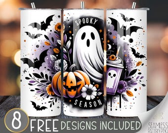 Spooky Season Ghost Halloween 20 oz Tumbler Wrap Design, Sublimation PNG, Jack-o'-Lantern Pumpkin, Fall Bats, Purple and Black Halloween PNG