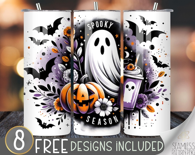 Spooky Season Ghost Halloween 20 oz Tumbler Wrap Design, Sublimation PNG, Jack-o'-Lantern Pumpkin, Fall Bats, Purple and Black Halloween PNG