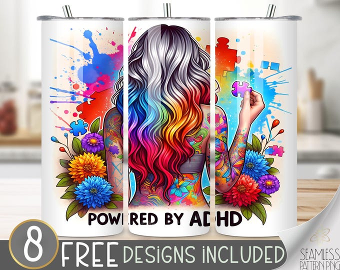 Powered by ADHD Awareness 20oz Skinny Tumbler Wrap Design, Neurodivergent png Sublimation Design Mental Health png Digital Download