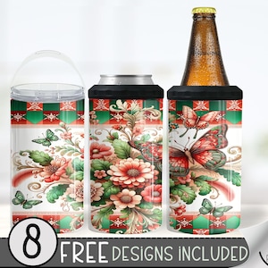 Christmas 4 In 1 Can Cooler Tumbler Wrap, Winter Sublimation Design, Xmas 16 Oz Slim, Holiday 16 Oz Can Cooler Sublimation Design, Butterfly