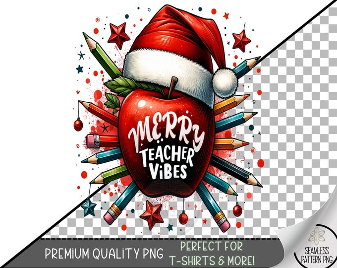 Merry Teacher Vibes Sublimation Design, Christmas Apple Clipart with Santa Hat, Holiday School Wrap, Teacher Appreciation PNG A453