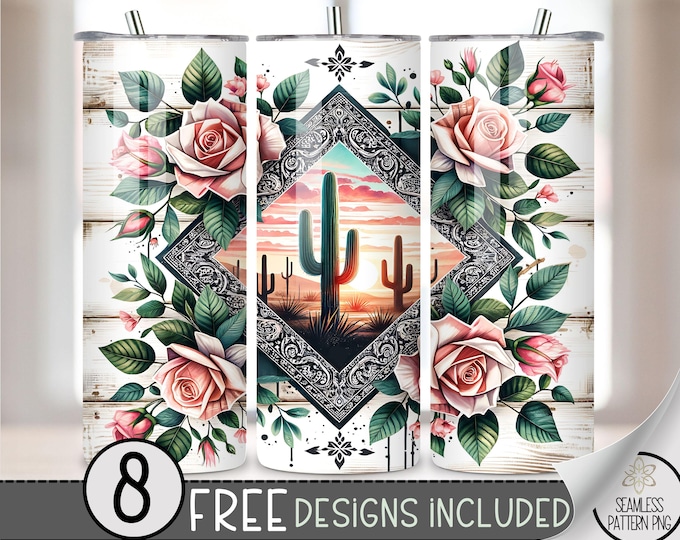 Country Western Tumbler Wrap, Western Rose 20oz Skinny Tumbler Sublimation Design, Cactus Tumbler Wrap File PNG, Bandana Wooden Design