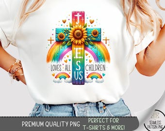 Vibrant Christian T-Shirt Design, Colorful Jesus Cross PNG, Rainbow Sublimation with Sunflower, Religious Faith Graphic Download A461