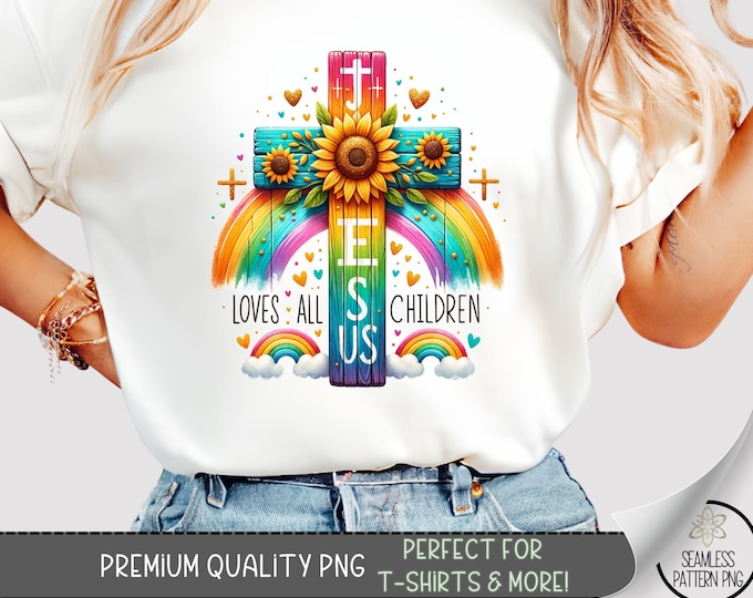 Vibrant Christian T-Shirt Design, Colorful Jesus Cross PNG, Rainbow Sublimation with Sunflower, Religious Faith Graphic Download A461