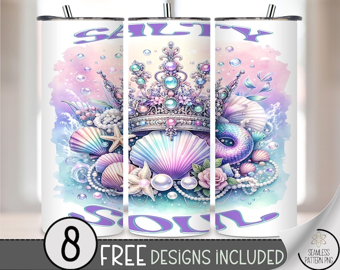 Salty Soul 20oz Skinny Tumbler Wrap, Mermaid Crown Sublimation Wrap, Pastel Shells Ocean Girl Tumbler PNG, Coastal Summer Wrap File, A251