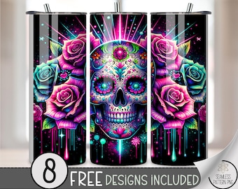 Sugar Skull 20 oz Tumbler Wrap PNG, Digital Download for Sublimation, Neon Skull and Flowers, Teal and Pink, A589