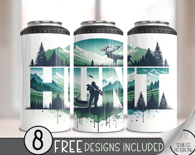 Moose Hunting 4in1 Can Cooler Wrap, Hunter 4 in 1 Tumbler PNG, Seamless American 16 Oz Can Cooler Sublimation Design, Forest Design PNG File