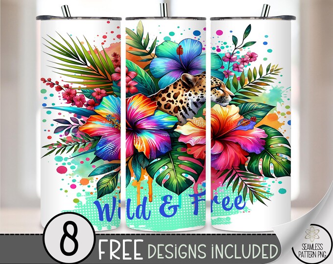 Wild and Free Leopard 20 oz Tumbler Wrap PNG, Tropical Hibiscus Jungle Animal Print Cup Design, Sublimation for Skinny Tumbler PNG, A289