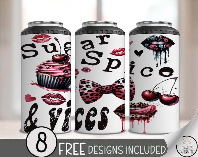Messy Coquette Sugar Spice & Vices 4-in-1 Can Cooler Wrap PNG, Edgy Leopard Print Bow and Cherry Lips Sublimation Design Summer Wrap A259