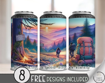 4-in-1 Hiking Can Cooler Wrap PNG, Mountain Backpack Sunset Design, 4 in 1 Adventure Lover Sublimation Wrap, Outdoor Gift Wrap File A309