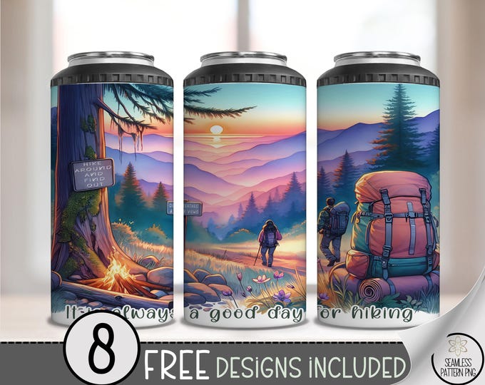 4-in-1 Hiking Can Cooler Wrap PNG, Mountain Backpack Sunset Design, 4 in 1 Adventure Lover Sublimation Wrap, Outdoor Gift Wrap File A285