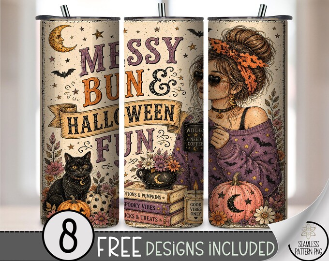 Halloween 20 oz Tumbler Wrap, Spooky Sublimation Design for Straight Tumblers, Messy Bun PNG Files, Digital Download, B10431