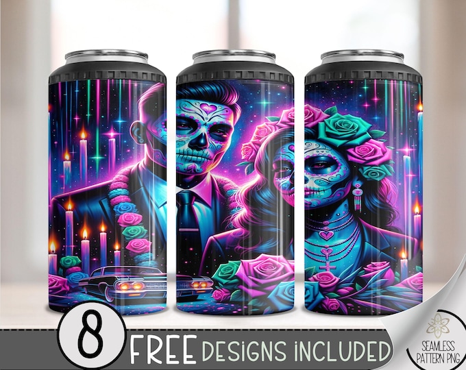 LA Chicano Girl Couple Cholo Couple 4in1 Can Cooler Wrap, Floral 4 in 1 Tumbler PNG, LA Sugar Skull 16 Oz Can Cooler Sublimation Design