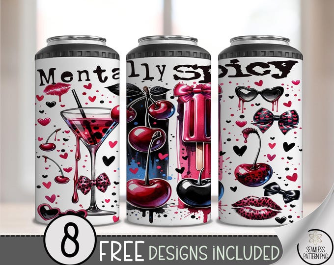 Mentally Spicy 4-in-1 Can Cooler Wrap PNG, 4in1 Funny Leopard Bow Cherry Wrap, 4 in 1 Sassy Sublimation Can Holder File, Messy Coquette A261