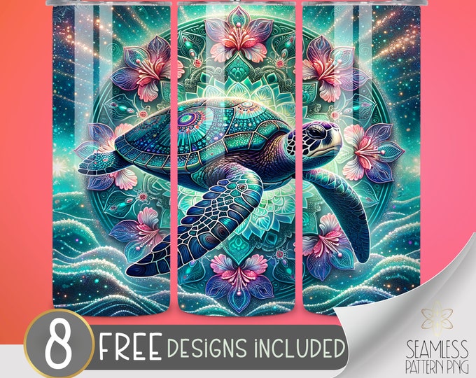 Sea turtle tumbler wrap, tropical sublimation design, mandala tumbler wrap, teal ocean 20oz skinny tumbler wrap PNG, Instant download