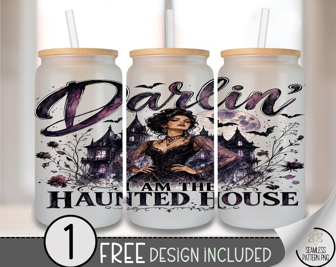 Halloween Glass Can Wrap, Dark Feminine 16oz Tumbler Sublimation Design, Haunted House PNG File, Digital Download, B10428