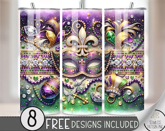 Mardi Gras Tumbler Wrap Png, Seamless 20 Oz Skinny Tumbler Sublimation Design, Western Tumbler Wrap Fleur De Lis, Colorful Mask Tumbler Wrap