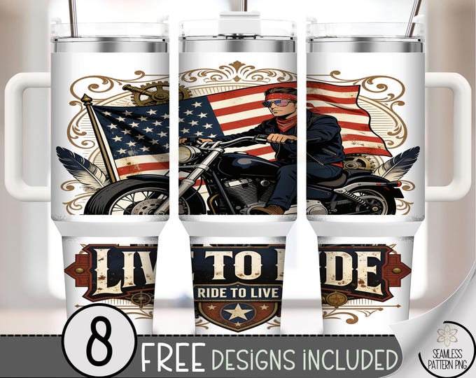 Motorcycle Patriot 40 oz Tumbler Wrap, Americana Sublimation Design, Live to Ride PNG File, B10268