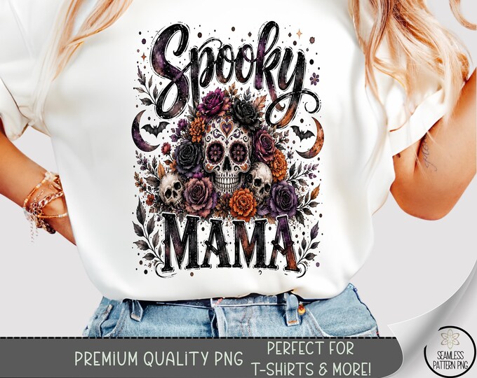 Halloween Skull Floral T-Shirt PNG, Spooky Mama Sublimation Design, Digital Download, B10434