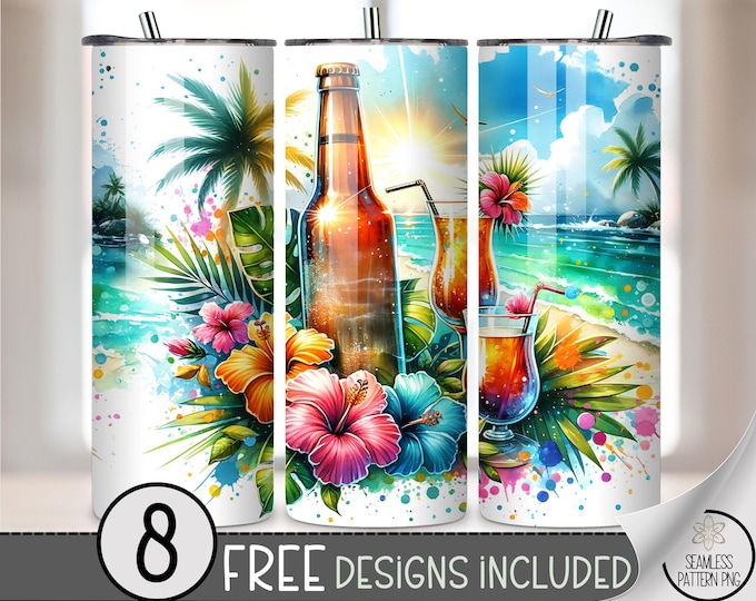 Tropical Cruise 20 oz Tumbler Wrap, Colorful Summer Drink File, Palm Trees, Hibiscus Flowers, Vibrant Ocean View, A608