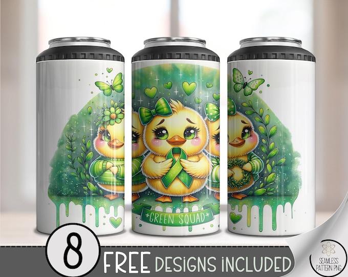 Green Squad Duck 4-in-1 Can Cooler Wrap PNG, 4 in 1 Cute Green Ribbon Awareness Sublimation Wrap, 16 oz Mental Health Design File, A379