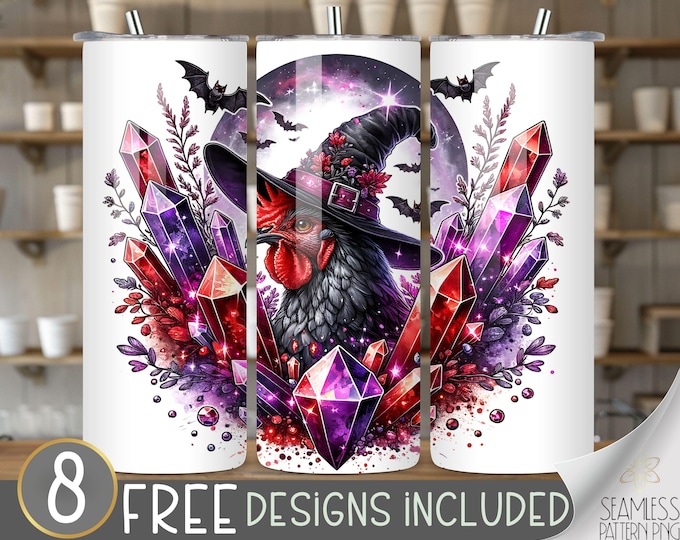 Spooky Halloween Tumblerwrap Bundle, Rooster 20oz Skinny Tumbler Design,Whimsical Jeweled Chicken & Crystal Halloween instant Download