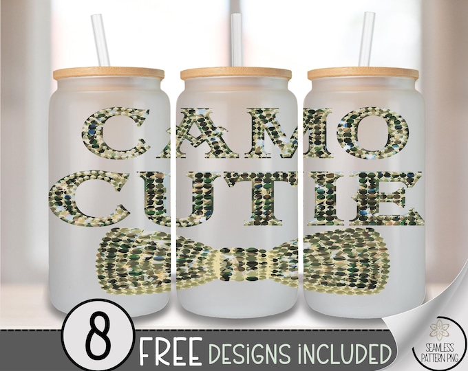 Camo Ribbon PNG, Camo Cutie Glass Can Wrap, Camouflage Sublimation 16Oz Design, Digital Download, B937
