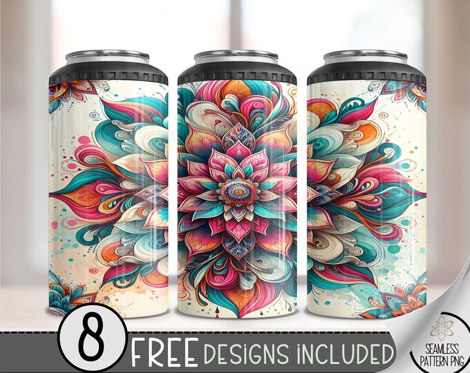 3D Flower Mandala 4 in 1 Can Cooler Wrap, Geometric Sublimation Design, Rainbow 16 Oz Slim, Pretty 4in1 Tumbler PNG, Floral 16 Oz Can Cooler