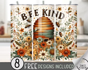 Be Kind Tumbler Wrap, Affirmation PNG, Bee Themed 20 oz Straight Tumbler Sublimation Design, Inspirational Tumbler png, Wildflower Boho Wrap