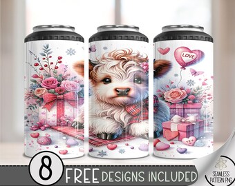 Highland Cow Valentine 4in1 Can Cooler Wrap, Winter Sublimation Design, Vday 16 Oz Slim, Cute 4 in 1 Tumbler PNG,Valentines 16 Oz Can Cooler