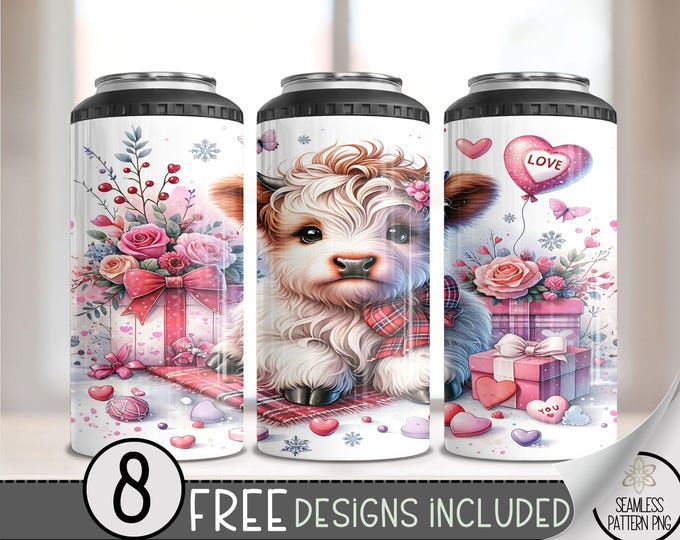 Highland Cow Valentine 4in1 Can Cooler Wrap, Winter Sublimation Design, Vday 16 Oz Slim, Cute 4 in 1 Tumbler PNG,Valentines 16 Oz Can Cooler