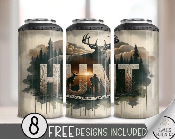 Deer Hunting 4 in 1 Can Cooler Wrap, Hunter 4in1 Tumbler PNG, Seamless American 16 Oz Can Cooler Sublimation Design, Forest Design PNG File