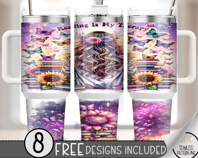 Reading is My Therapy Book 40 oz Tumbler Wrap, Seamless Reading Lover Sublimation Design, Reader 40oz Quencher PNG,  Glitter Sunflower, A110