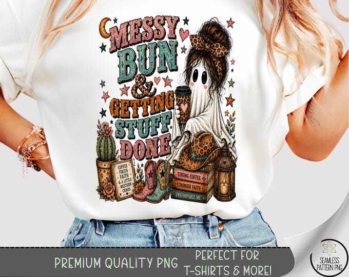Halloween Ghost Girl T-shirt PNG, Messy Bun Western Boho Sublimation Design, Digital Download, B10395