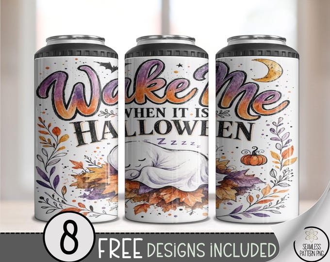 Ghost 4-in-1 Can Cooler Wrap, Wake Me When It Is Halloween Sublimation Design, 16 oz Can Holder, Digital Download, B10437