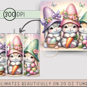 May include: Three pastel-colored bunny rabbits wearing floral hats and holding Easter eggs and a carrot. The bunnies are on a pink background with a light yellow glow.  Sublimates beautifully on 20 oz tumbler.
