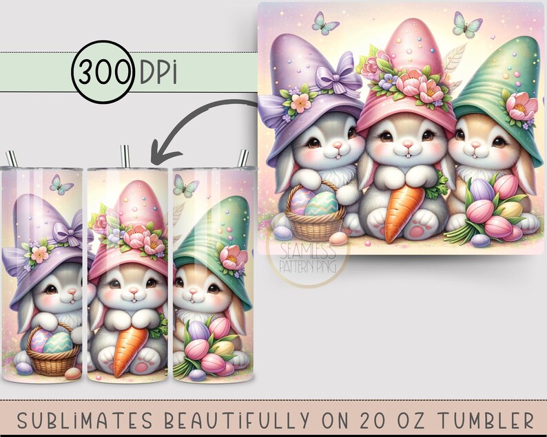 May include: Three pastel-colored bunny rabbits wearing floral hats and holding Easter eggs and a carrot. The bunnies are on a pink background with a light yellow glow.  Sublimates beautifully on 20 oz tumbler.