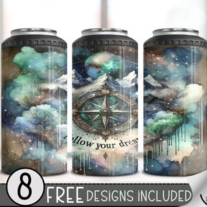 Compass with Mountains Range 4 in 1 Can Cooler Wrap, Adventure Follow Your Dreams 4in1 Tumbler PNG, Travel Wanderlust 16 Oz Can Cooler A27