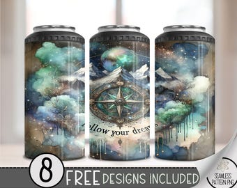 Compass with Mountains Range 4 in 1 Can Cooler Wrap, Adventure Follow Your Dreams 4in1 Tumbler PNG, Travel Wanderlust 16 Oz Can Cooler A27